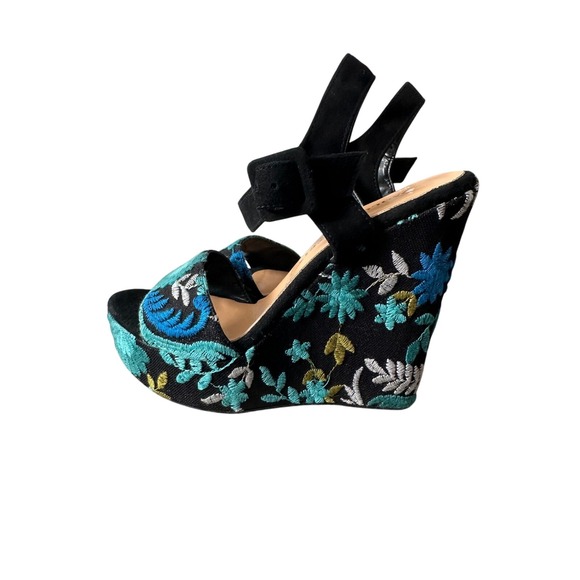 Paolo Mattei Floral Wedge Sandals Black Blue Embroidered Vera Pelle Italy 38 - Picture 3 of 6